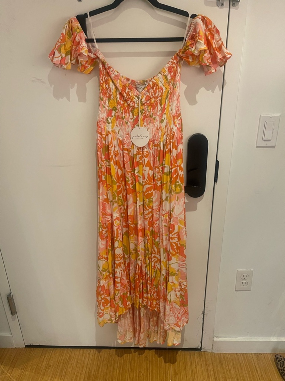 Petal & Pup Coral, Pink & Yellow Off-Shoulder Maxi Dress